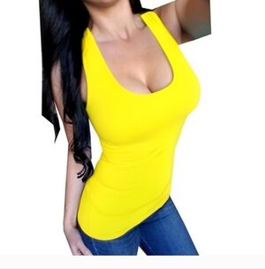 Yellow sexy scoop neck racerback solid tank top